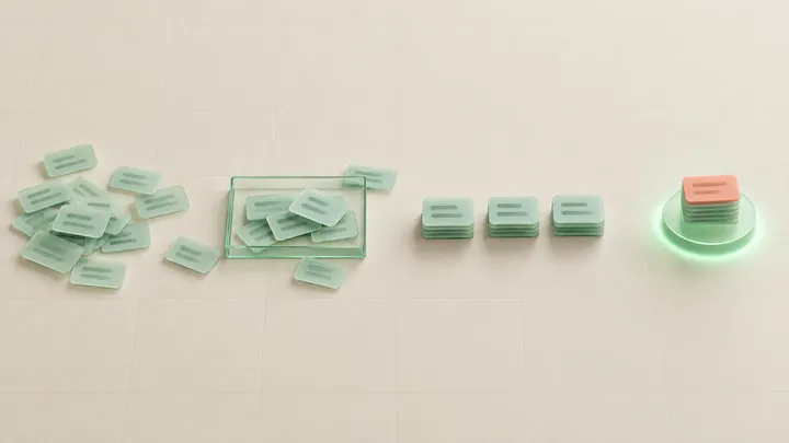 The same reviews at each step: scattered, then gathered inside one window, then sorted into three groups, then one group raised with a single marked review on top.